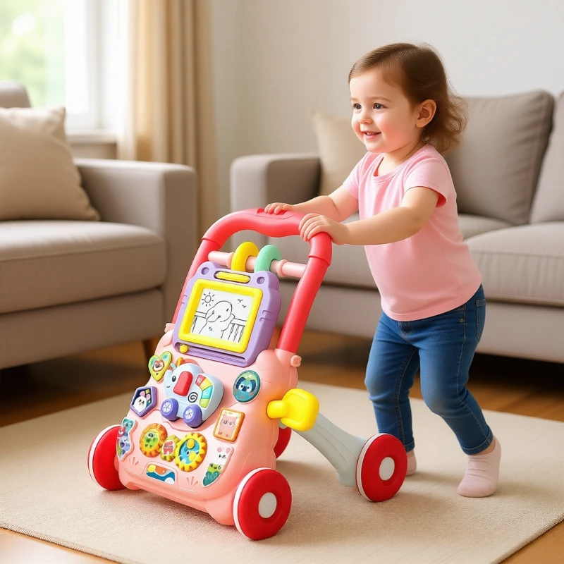 

Cute Baby Musical Walker Learning Walking Toy with Music Drawing Board Adjustable Assisted Toddler Walker for 6-15 Months Infant