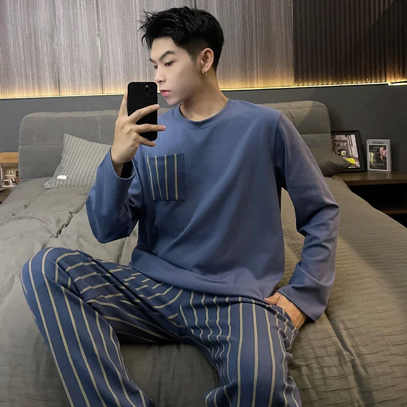 

Neck Long Striped Pajamas Autumn Cotton Homewear New Casual For Round Men's Oversized Sleeve Spring Knitted Men's Imitation