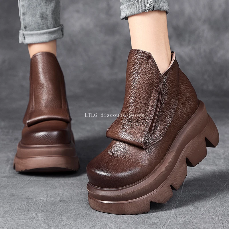 

Ботинки ручной работы на танкетке, женские полусапожки из натуральной кожи на платформе, женская обувь на толстой подошве с круглым носком, увеличивающая рост