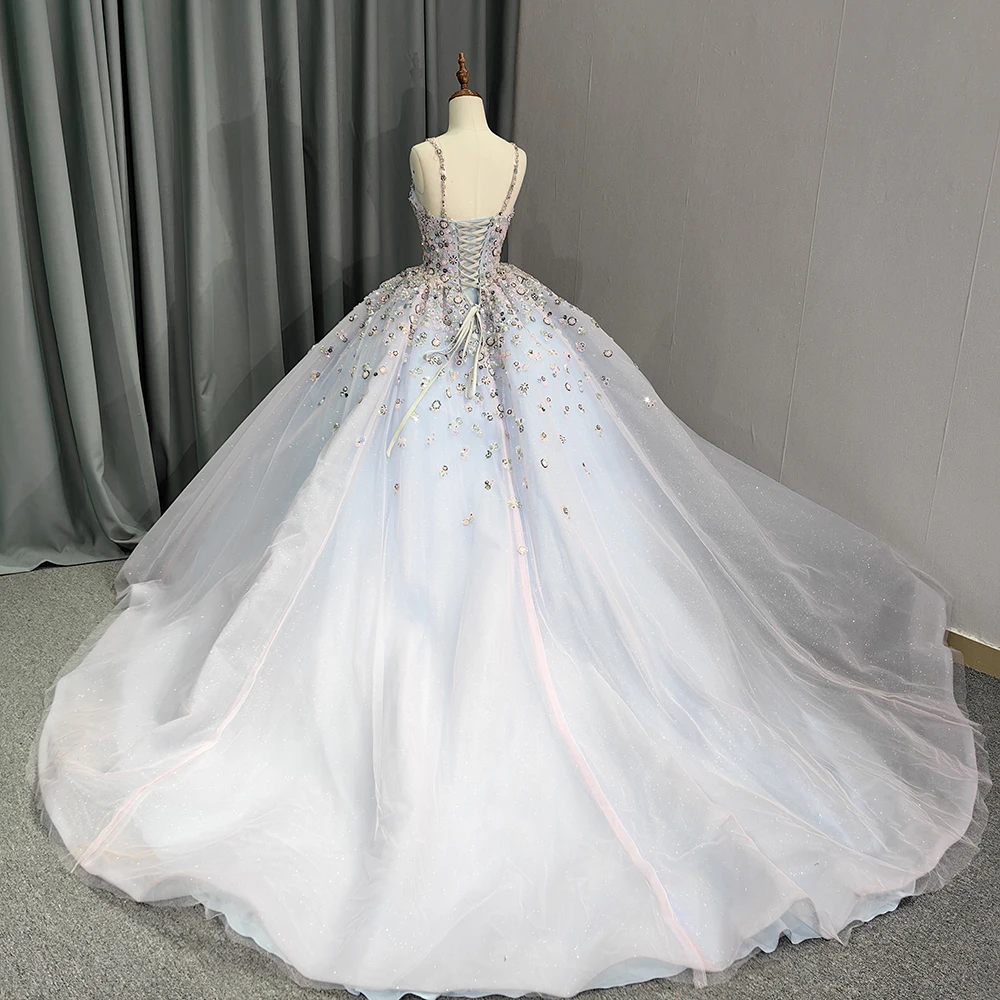 Jancember Factory Wholesale Novelty Square Collar Spaghetti Straps Court Train Pleat Beading Vestidos De 15 Quinceañera DY6610