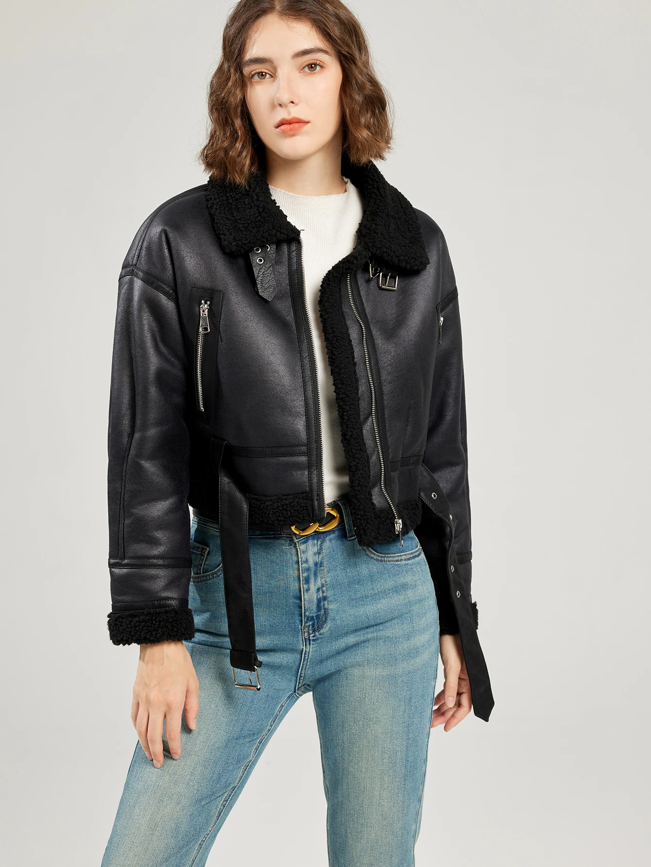 FTLZZ Winter Women Faux Lambswool Leather Jacket Female High Street Motorcycle Outwear Casual Short Coat