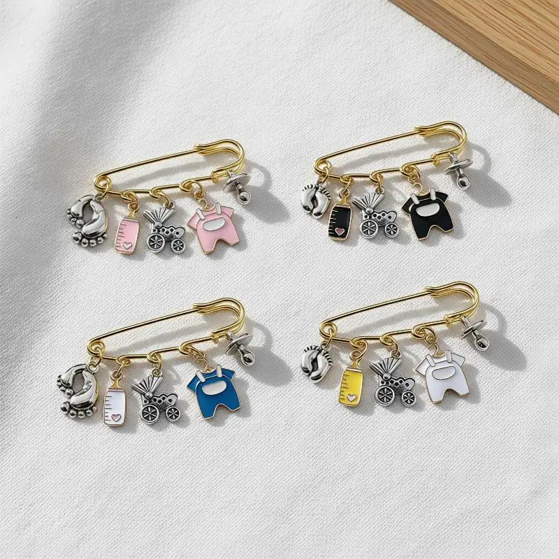 New Baby Arrival Charm Safety Pin Brooch Foot Bottle Stroller Dummy Enamel Pins Gender Reveal Shower Gift Clothes Bag Decorative