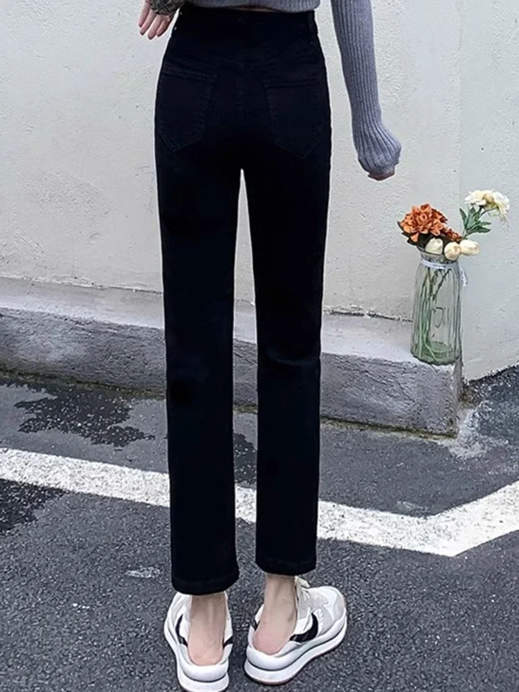 All-match High Waist Drainpipe Jeans Casual Women Narrow Straight Leg Pants Girls Blue Gray Black Gray Denim Trousers Size S-3XL