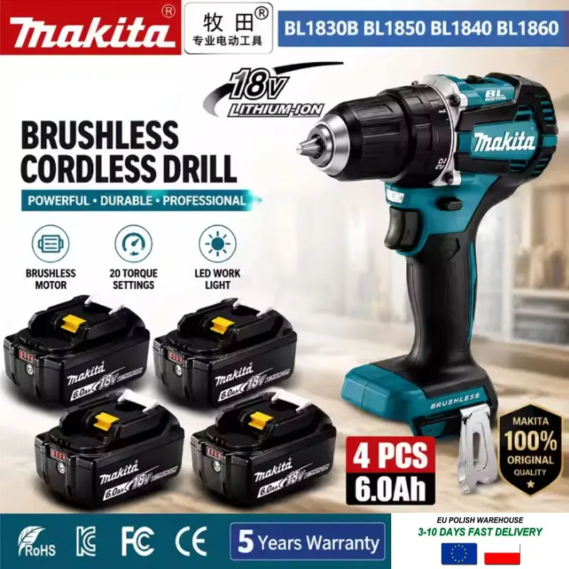 Trapano a batteria Makita 18V LXT originale DHP487 Brushless ad alta coppia + batteria al litio BL1860B BL1840, utensile professionale per fai-da-te, magazzino UE, consegna rapida casuale