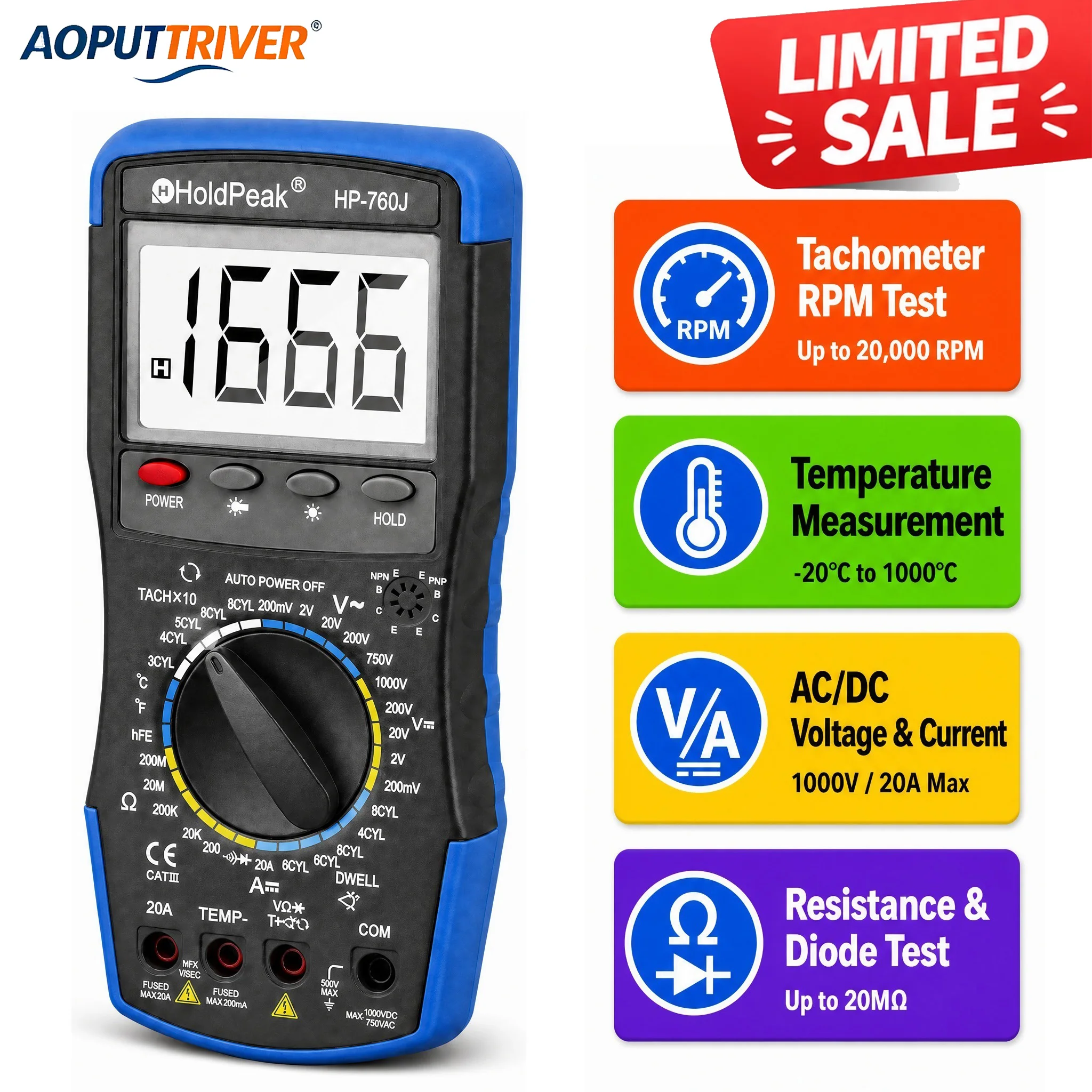 HP-760J Digital Automotive Multimeter Car Engine Analyzer RPM Dwell Tester AC/DC Voltage Resistance Temperature Diagnostic Tool