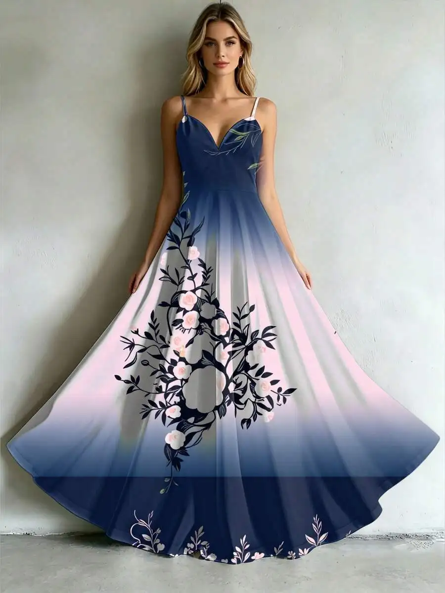 

Elegant Floral Print Slip Dress Umbrella Skirt Spring Summer Evening Party Gown