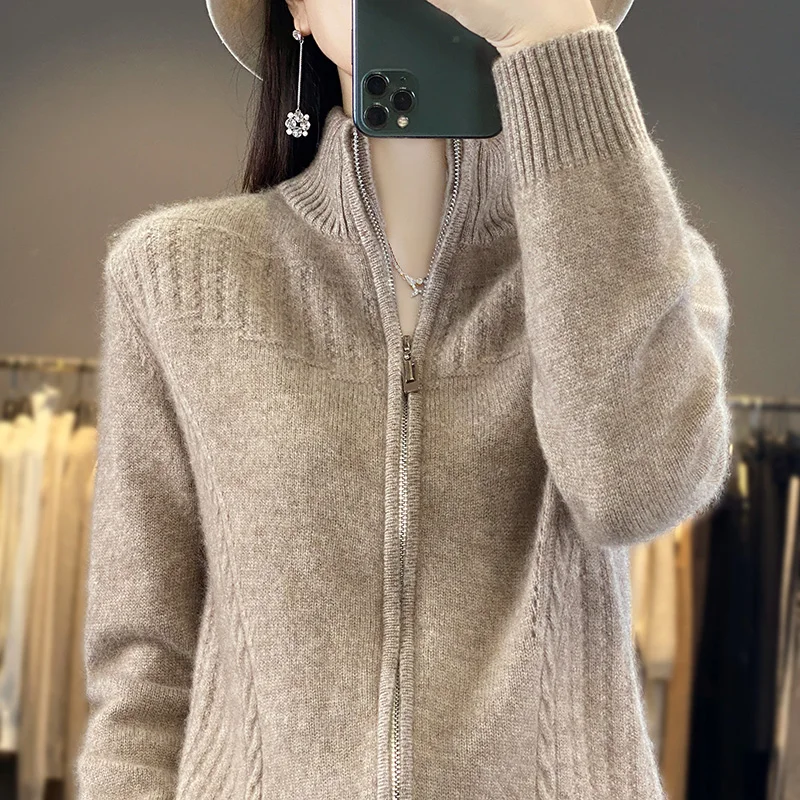 Standing Collar Sweater Women\'s 100% Merino Wool Clothing Cardigan Autumn/Winter Warm Long Sleeve Top Fashion Knitted Loose Jack