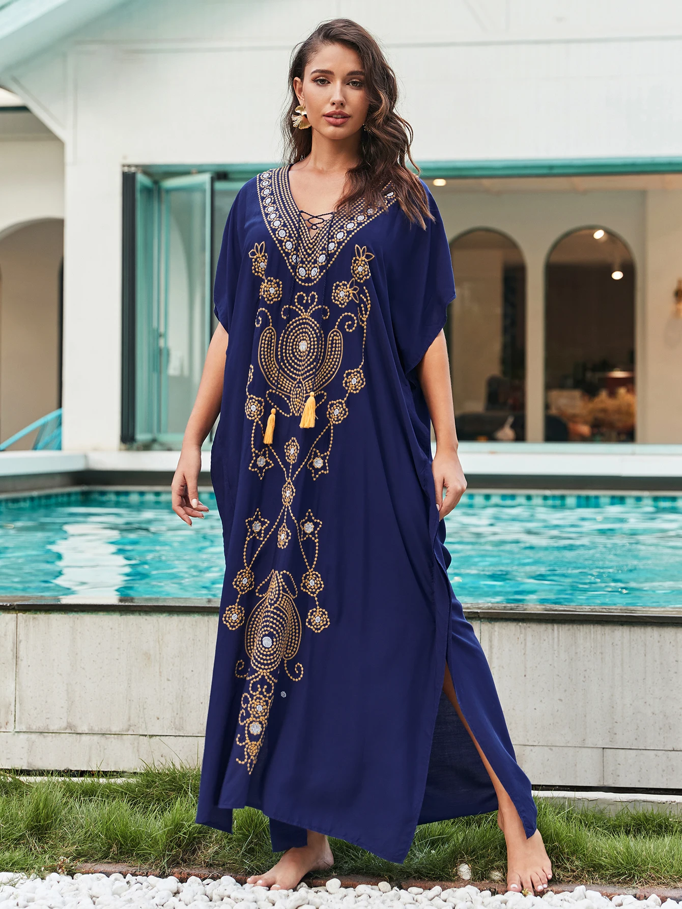 Seksowna do haftu z nadrukiem z głębokim dekoltem w szpic Plus Size plażowa długa sukienka Kaftan duży rozmiar sznurowane tuniki damskie sukienki