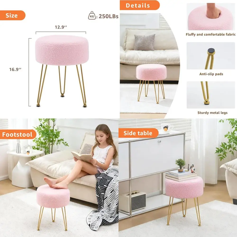 

Metal Leg Velvet Teddy Ottoman, Vanity Footstool with Dressing Table Seat for Bedroom, Living Room, and Office