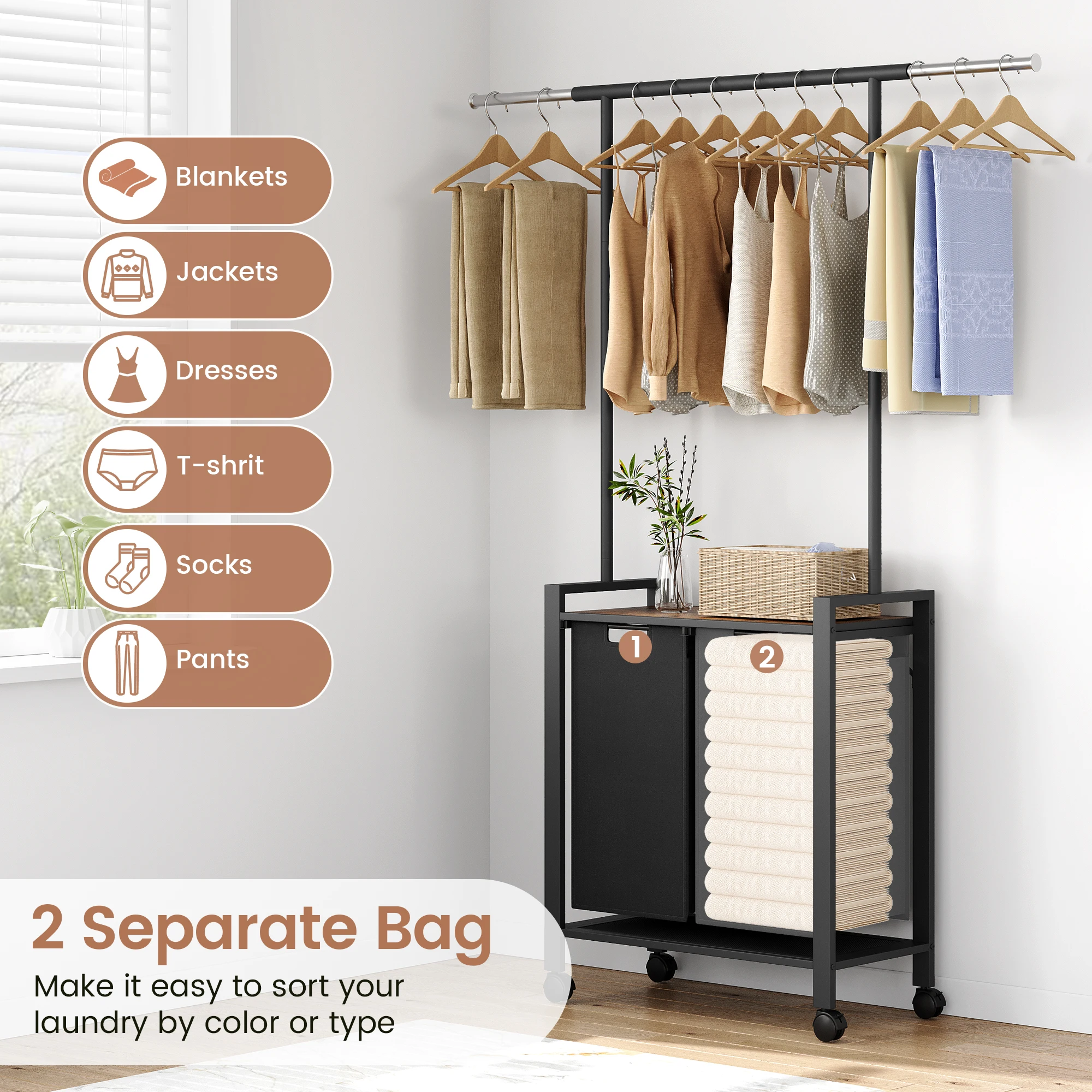 2/3 Section Laundry Hamper Sorter with Clothes Hanging Rod and Wooden Storage Shelf 2/3 X 13gal Laundry Basket Organizer