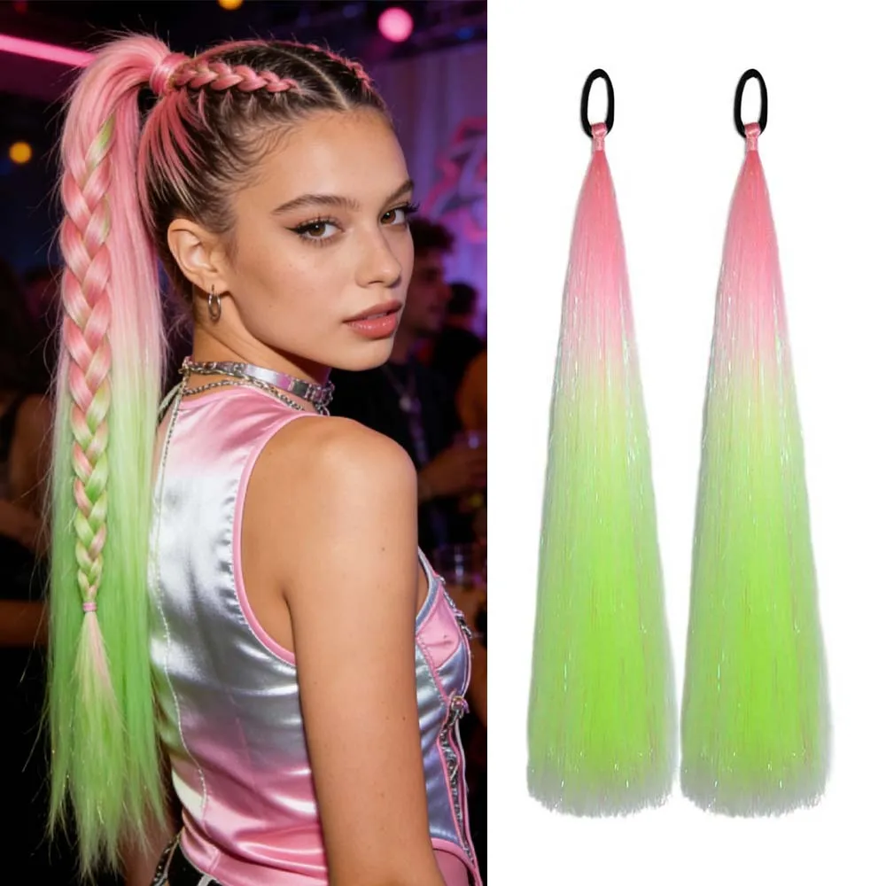 2 Packs Y2K Braided Colorful Synthetic Hair 26 Inch  with Elastic Tie Ponytail Extensions with Tinsel, for Party Mussic festival