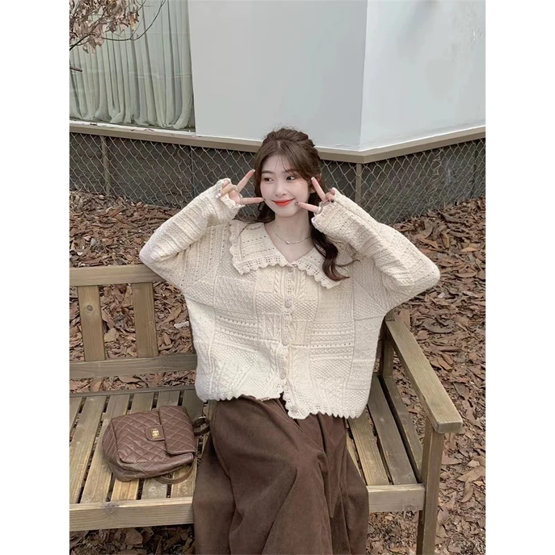 Women Autumn Korean Fashion Solid Color Peter Pan Collar Long Sleeve Knitwear Ladies Trend All-match Knitting Cardigan Coat