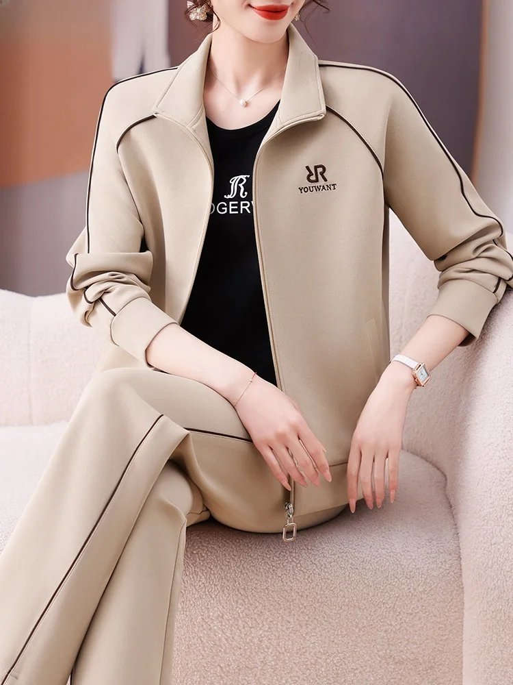 

Casual Sportswear Set for Women over 50 Spring Faion Loose Fit Long Pants Zipper Closure Color Tee Piece Set