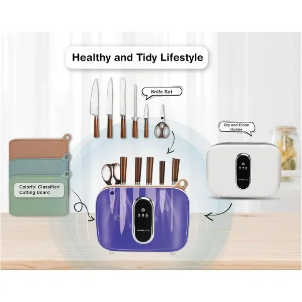 Charmline Smart Cutting Board and Knife Set with Holder, Double Cleaning and Drying Function, Space Saving Smart Home Gadgets