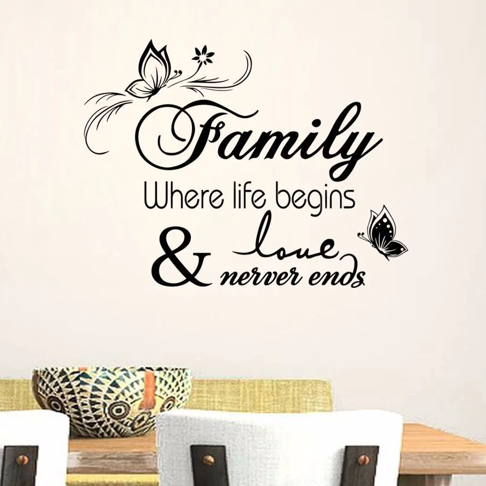 Nature-Infused Family Quote Decal with Flowing Butterfly Vines for Living Room Bedroom or Hallway Wall Styling