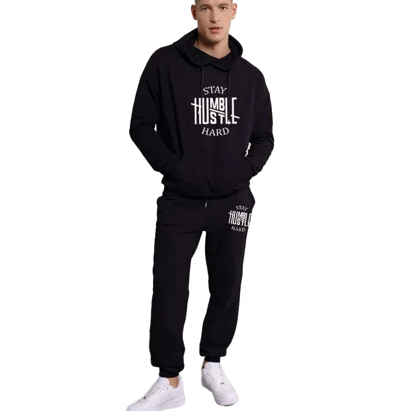 Men Hooded Tracksuit Hustle Hard Stay Humble Printed Sports 2 Pieces Set Pullover Sweatshirts Sweatpants Trousers Outfits