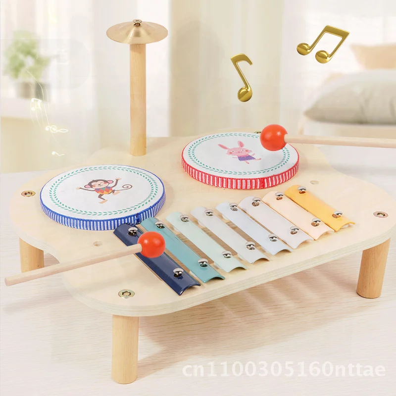 Drewniany stół muzyczny Montessori dla dzieci, wielofunkcyjny, ósemioscienny bęben do uderzania, zabawka dla niemowląt w kolorowej pudełko.