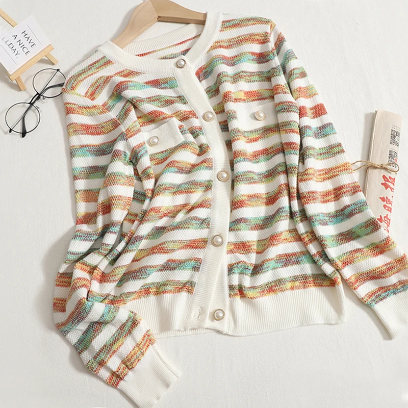 

Autumn Winter New Contrast Color Rainbow Striped Long-Sleeved Knitted Cardigan Short Coat Temperament Loose And Thin Top Women