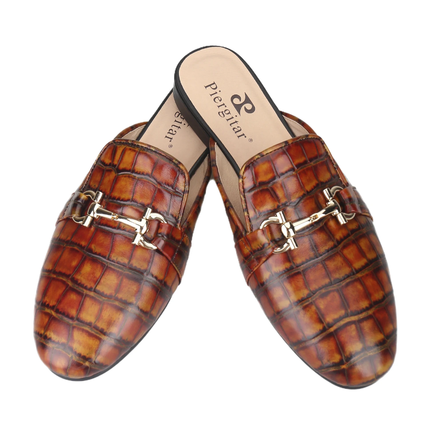 Piergitar Italian Imported Bamboo-Textured Oil-Waxed Leather Men's Mule Shoes Custom-Made Classic Gold Horsebit Fashion Slippers