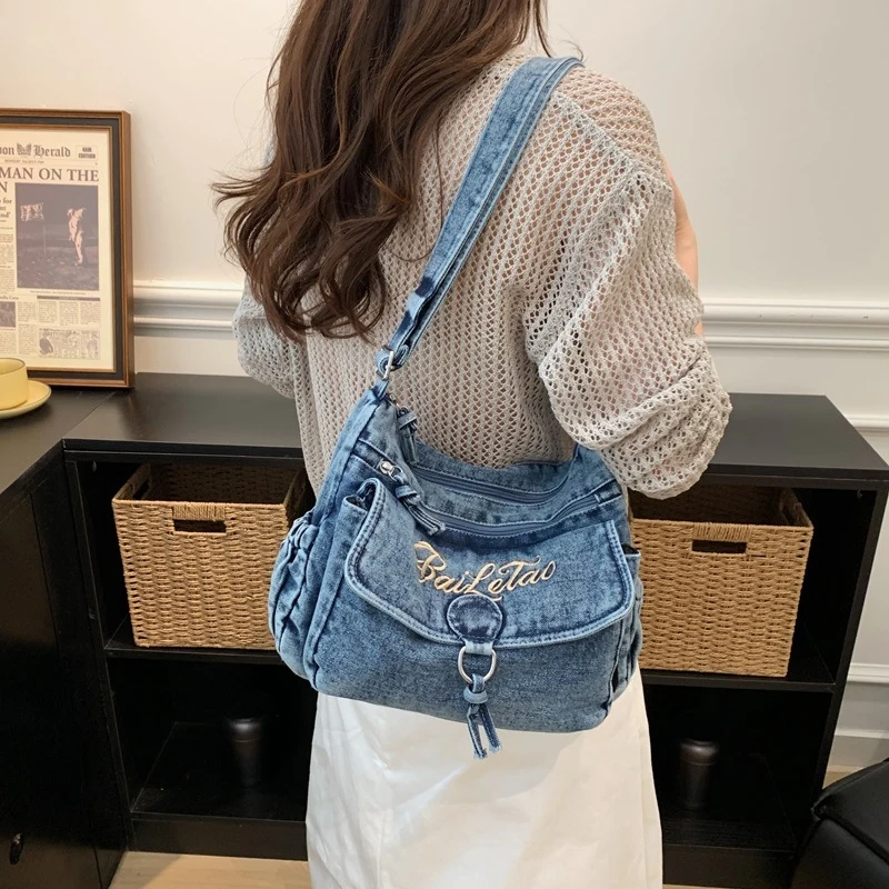 Vintage Distressed Embroidered Denim Crossbody Bag for Women New Fashion Shoulder Bag Daily Commute Trendy Sling Bag