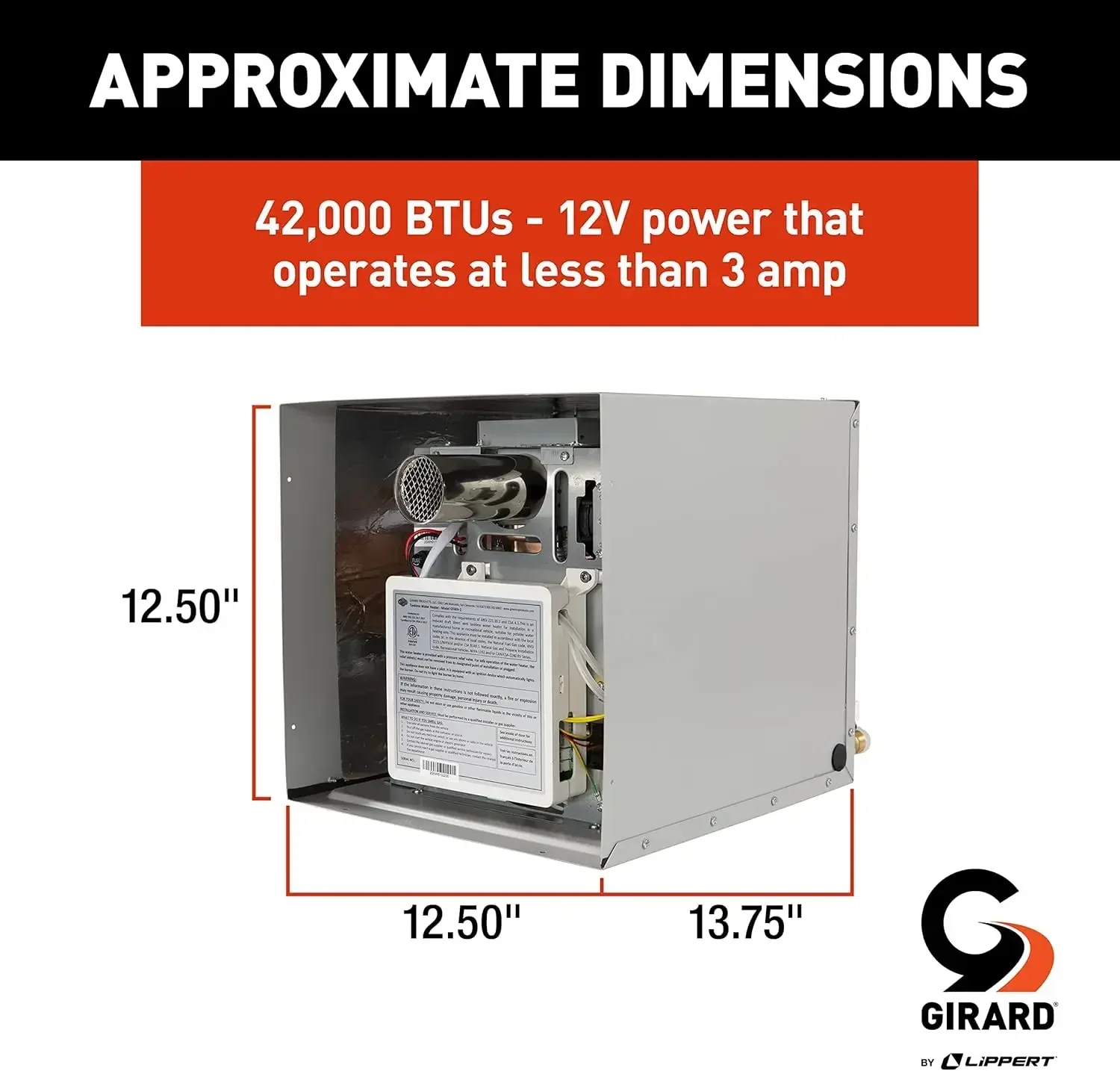 Tankless RV Water Heater, 12V Power, 42,000 BTUs, Quiet Operation, Onboard Microprocessor, Digital User Control Panel,