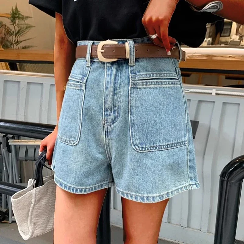 Woman High Waist Vintage Wide Leg Jeans Female Y2k 2000s Streetwear Pants Girls Fashion Retro Blue Light Blue Baggy Denim Shorts