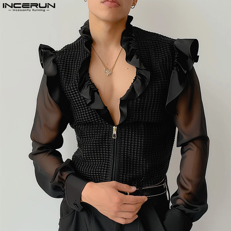 

INCERUN Men Shirt Mesh Patchwork Ruffle Transparent V Neck Long Sleeve Zipper Men Clothing Streetwear 2024 Fashion Casual Shirts