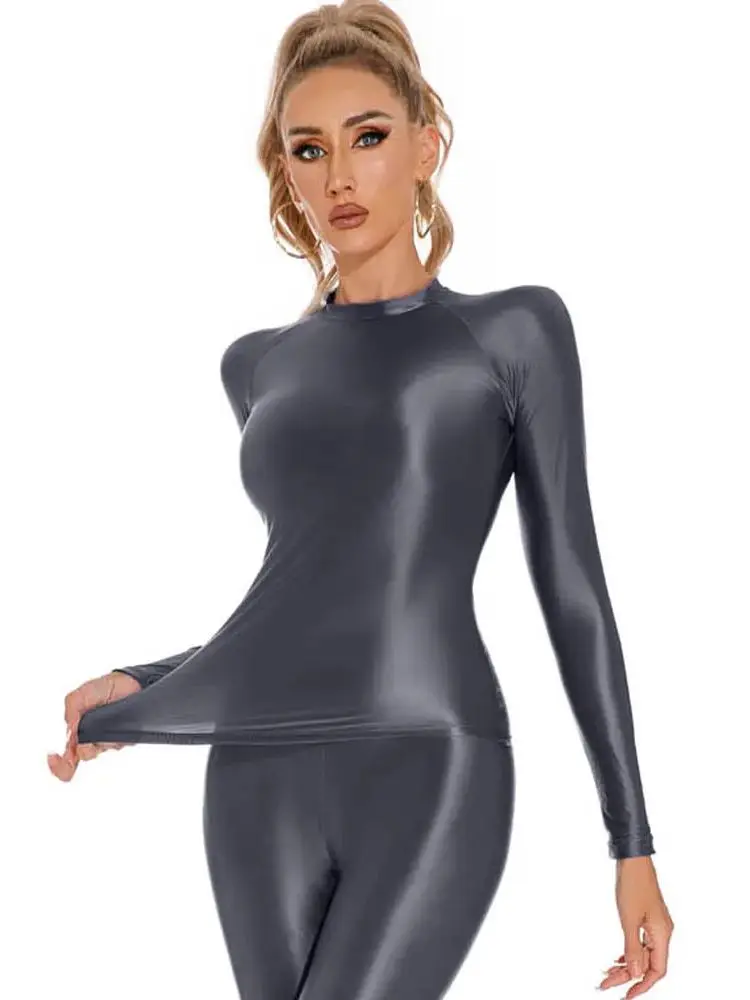 Glossy Shiny Elasitc Long Sleeve Shirt Women Fitness Gym Athletic Yoga Tshirt Tights Hot Sexy Tees Casual Crop Tops Bustier Top