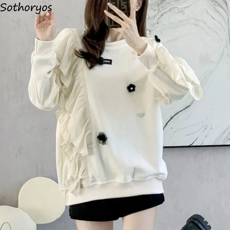 

Sweatshirts Women Temper Loose Ruffles 3d Print Fashion Pearls Office Lady Casual Korean Style Soft All-match Females Spring New