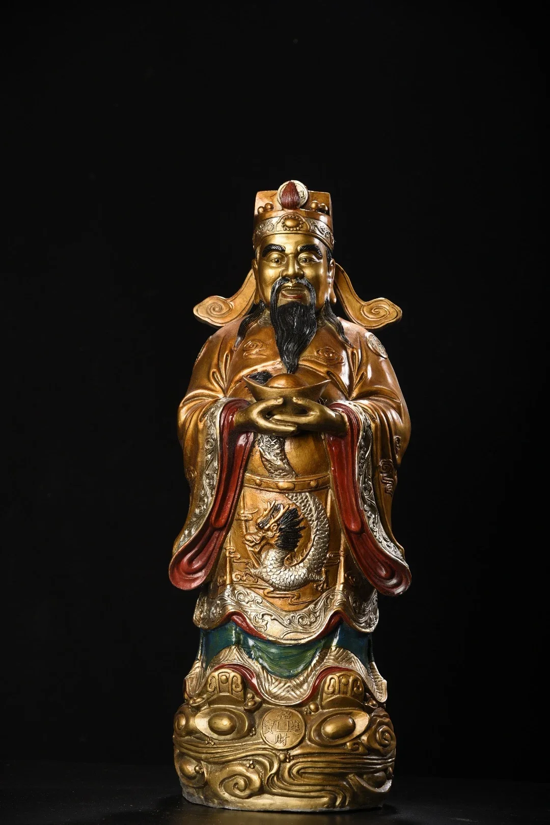 

24"Tibetan Temple Collection Old Bronze Painted Dragon Texture Yuanbao God of Wealth Immortal in charge of wealth Worship Hall