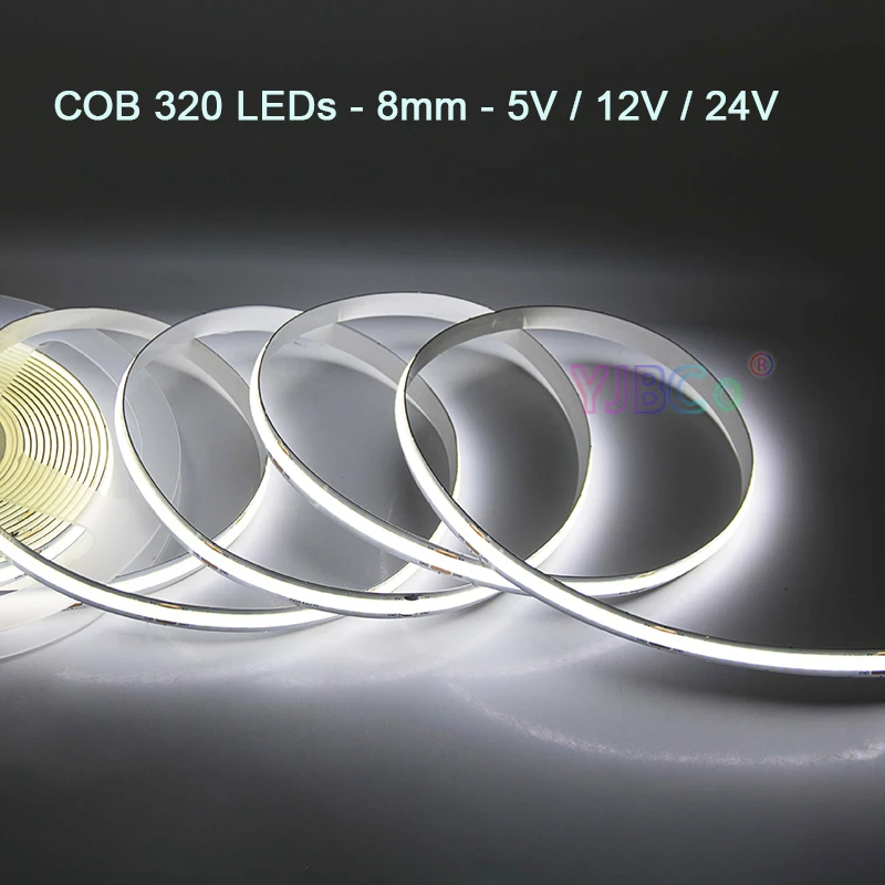 

5V 12V 24V 5M single color COB LED Strip 320LEDs White/Warm white/Natural White/Blue/Red/Green FCOB Flexible Light Tape 8mm FPCB