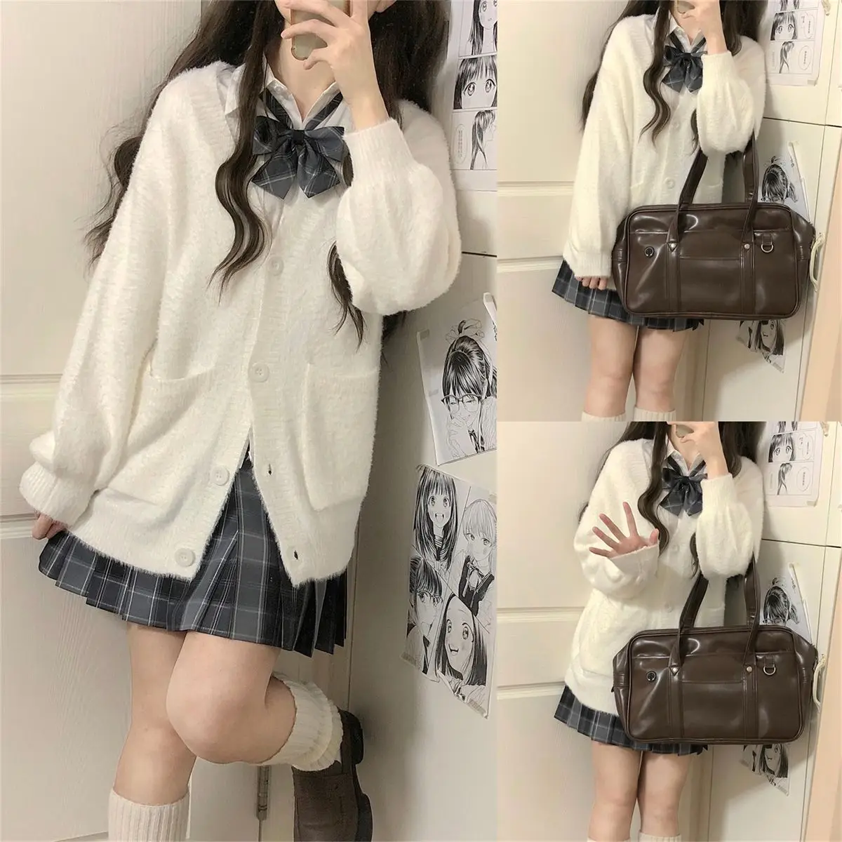 JK Cappotto cardigan maglione lavorato a maglia peloso Autunno Inverno Caldo top a maniche lunghe Gonna scozzese Abito uniforme Stile campus Gioco di ruolo carino
