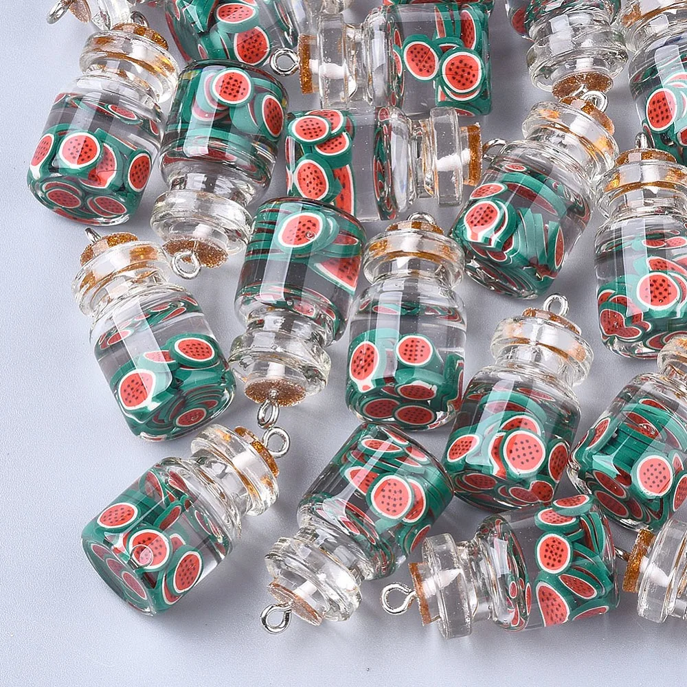 5pcs Glass Bottle Pendants with Resin & Polymer Clay & Iron Findings Watermelon  Light Sea Green 28~29x15mm Hole: 2mm