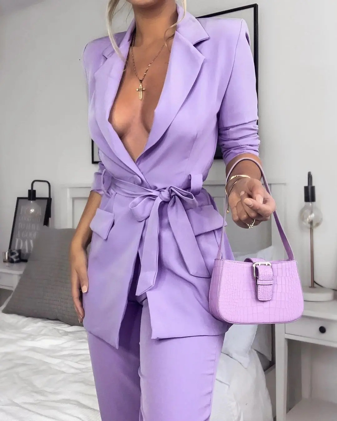 Sexy scollo a V profondo abiti eleganti da donna Set Blazer con cintura + pantaloni abito da sera formale causale quotidiano con un bottone personalizzato