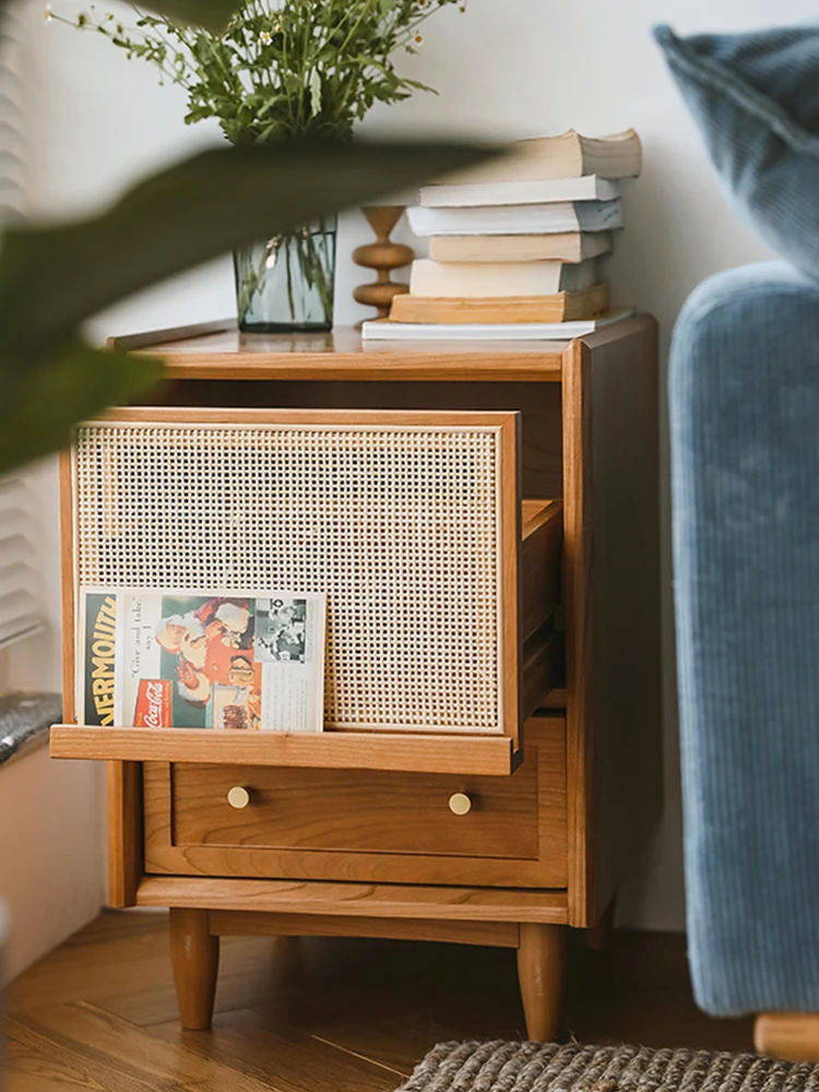 Rattan-Geflecht Schlafzimmermöbel, Nachttisch, Multifunktionaler Kleiner Beistellschrank, Massivholz Nachttisch Nach Maß