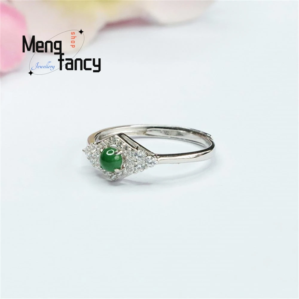 S925 Silver Inlaid Natural Jadeite Exquisite Elegant Charm High-grade Ice Type Imperial Green Finger Ring Couple Fashion Jewelry