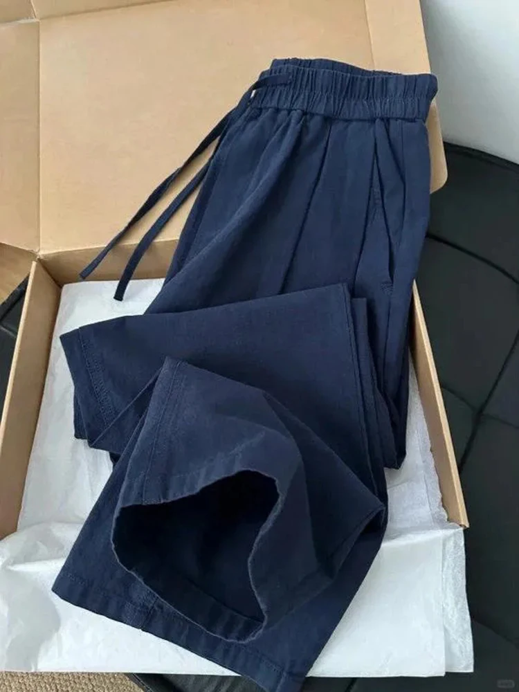 

Летние тонкие хлопковые льняные брюки с широкими штанинами для мужчин, корейский свободный повседневный стиль, модные уличные брюки Y2K, однотонные прямые брюки