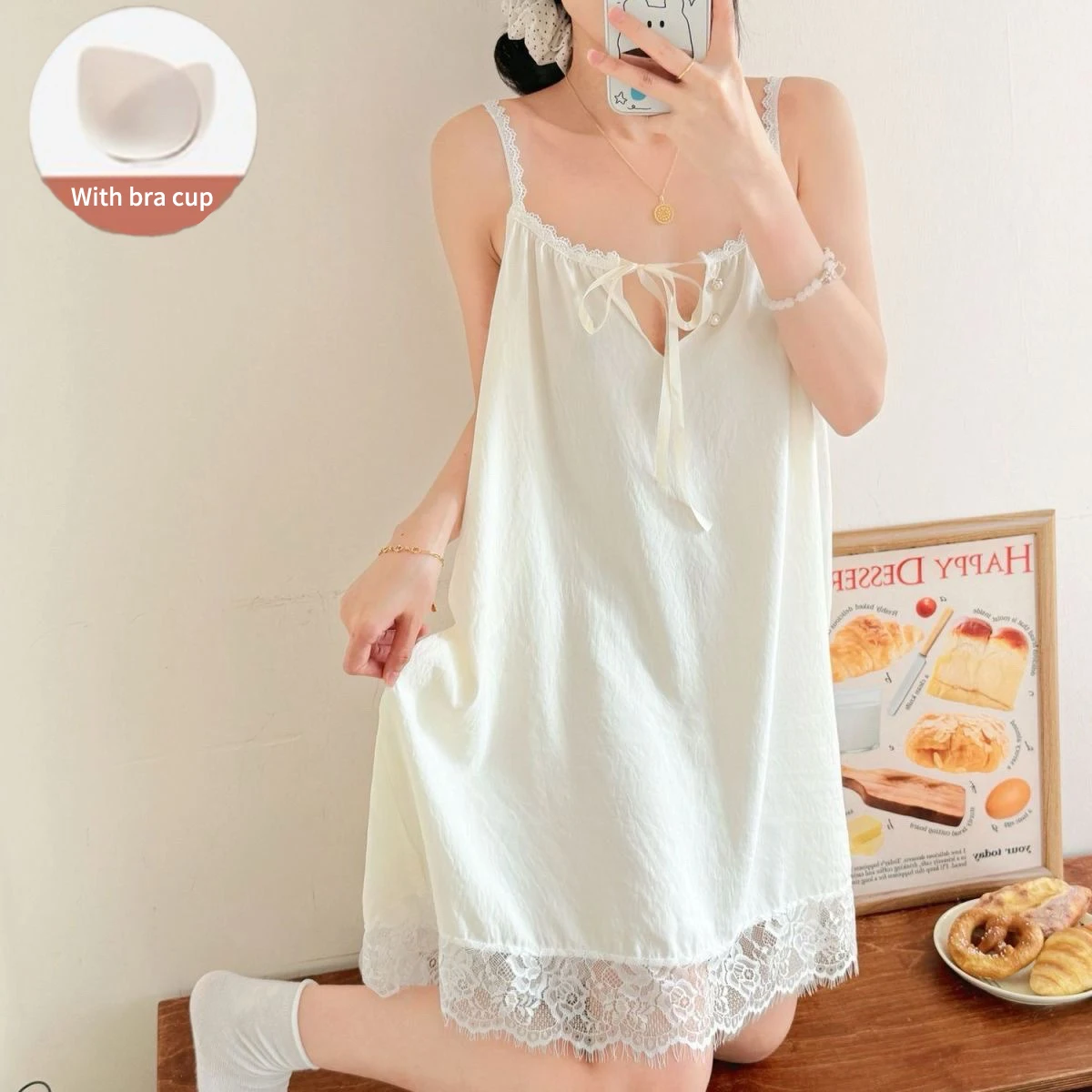 Sweet Style Lace Trim Nightgown Women Summer Thin Casual Loose Home Dress V-Neck Sleeveless Short Pants Home Comfortable Slee...