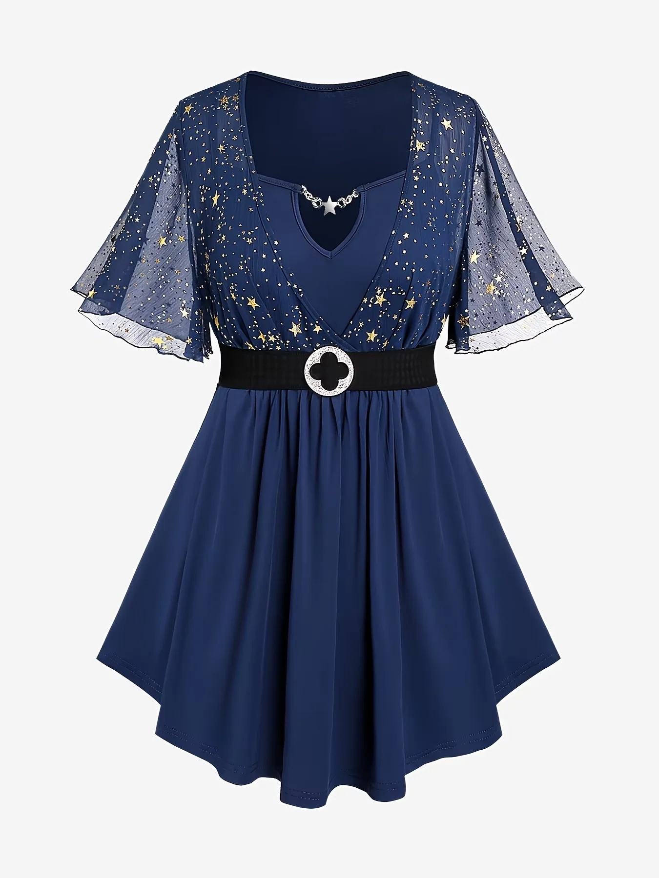 

Plus Size Elegant Navy Starry Dress | Sheer Mesh Sleeve V-Neck Mini Dress with Belt | Party & Occasion Wear