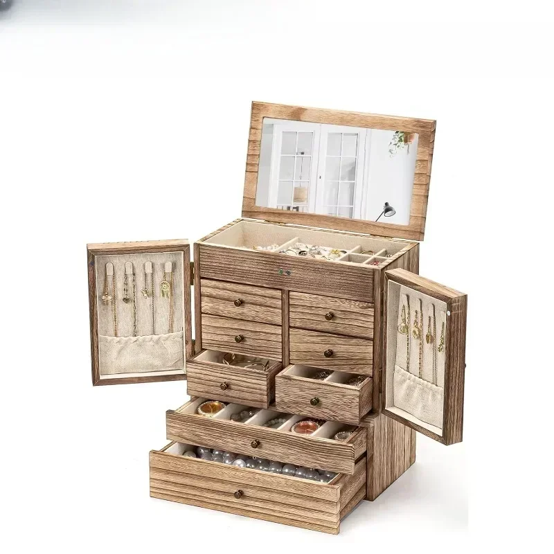 Wooden Jewelry Boxes & Organizers 5-Layer Rustic Latest Large Jewelry Organizer Box with Mirror & 8 Drawers