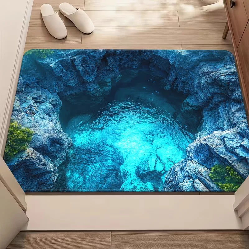2D Visual Cave Pool Door Mat Realistic Cave Scenery Entrance Rug Soft Non-Slip Home Decor Carpet for Hallway Living Room