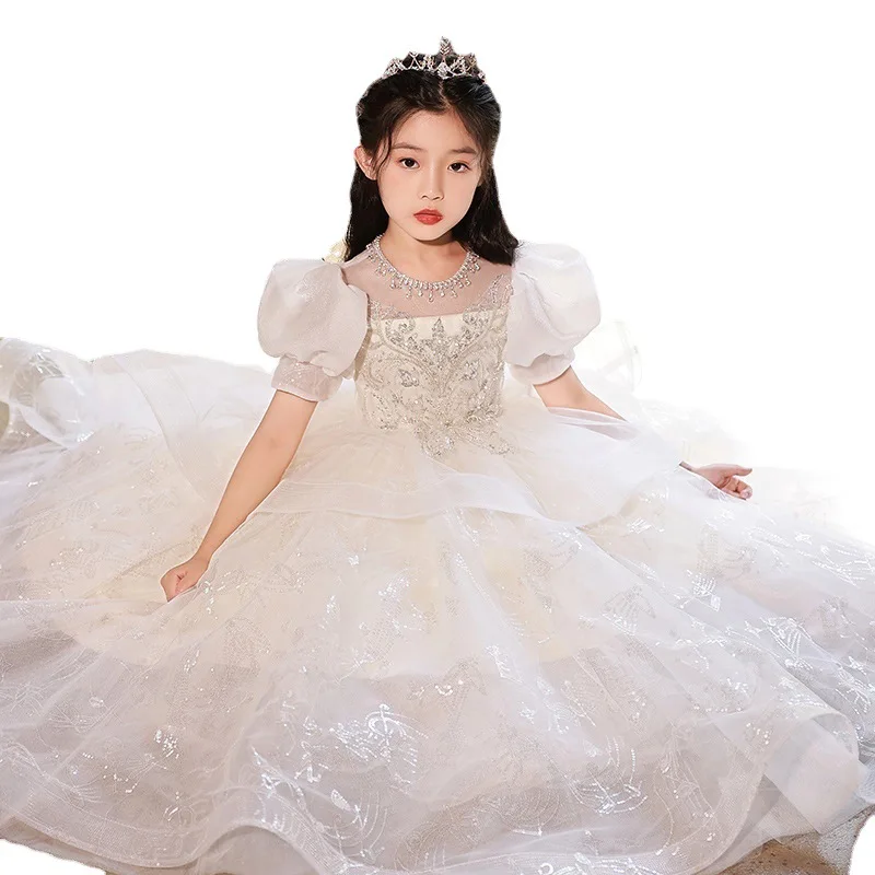 Sequins Girls Dress for Party Wedding White Long Sleeve Dress Formal Children Retro Princess Pageant Gown Kids Dresses for Girls