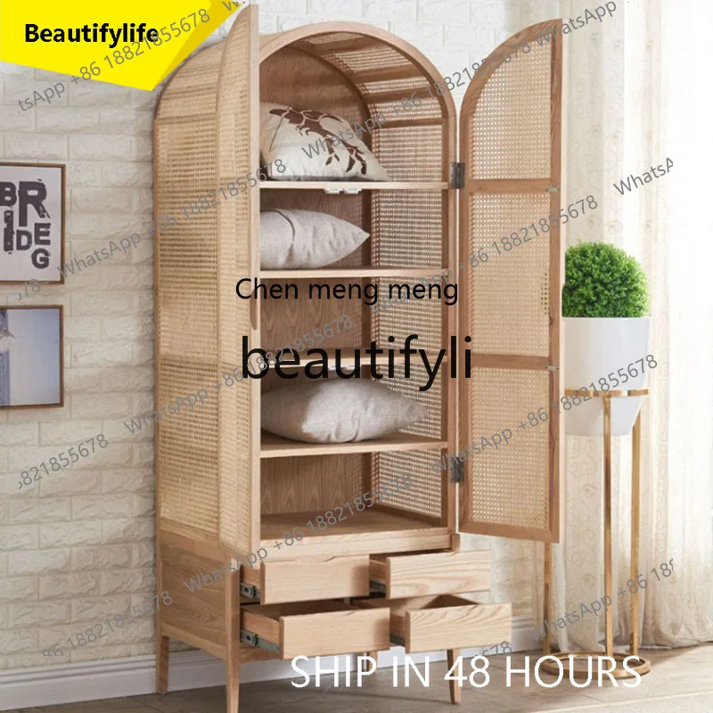 CC American solid wood wardrobe bedroom rattan storage cabinet simple modern retro cabinet