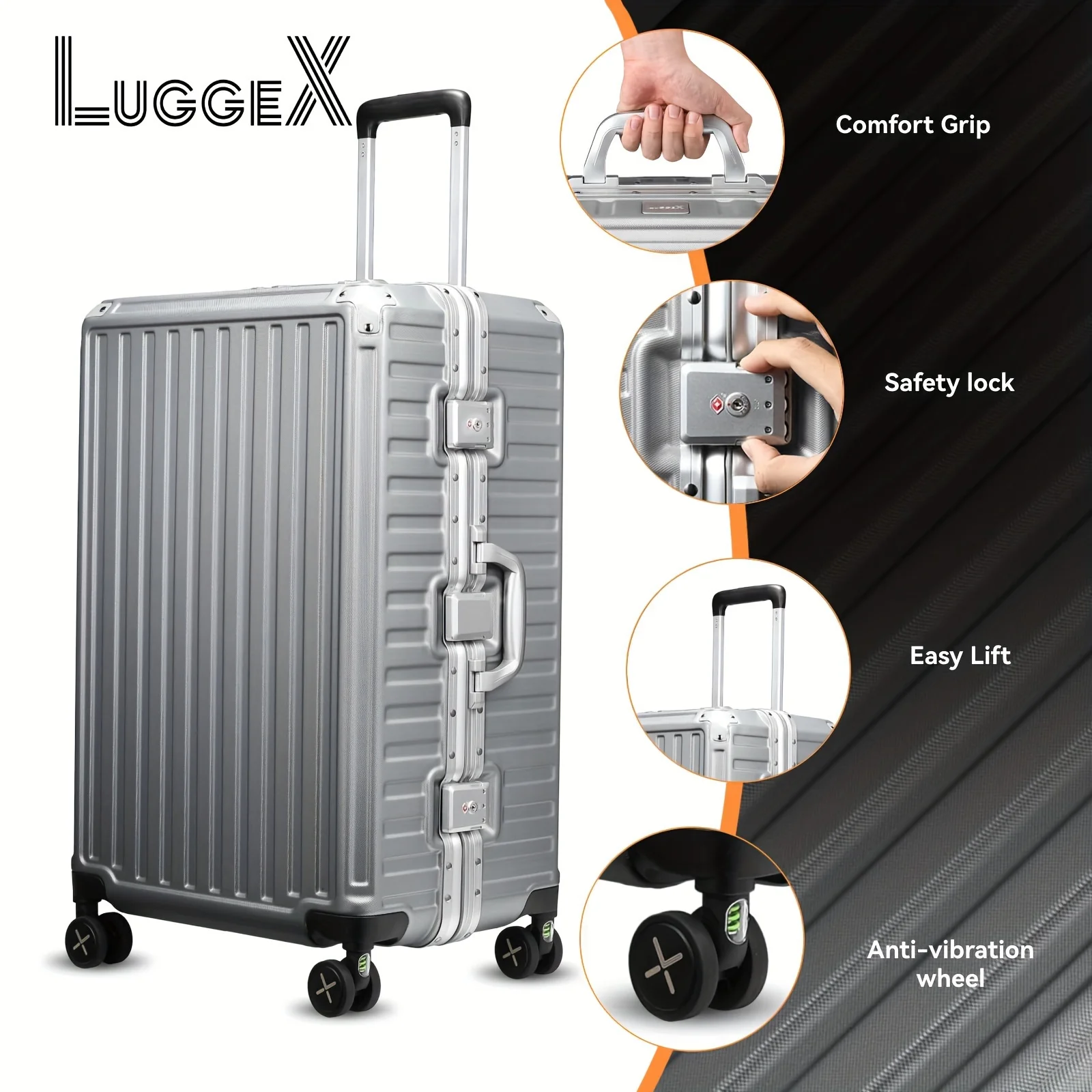 LUGGEX Carry On Luggage 22x14x9 Airline Approved - PC Expandable Hard Shell Suitcases with Spinner Wheels (Silver, 20 Inch)