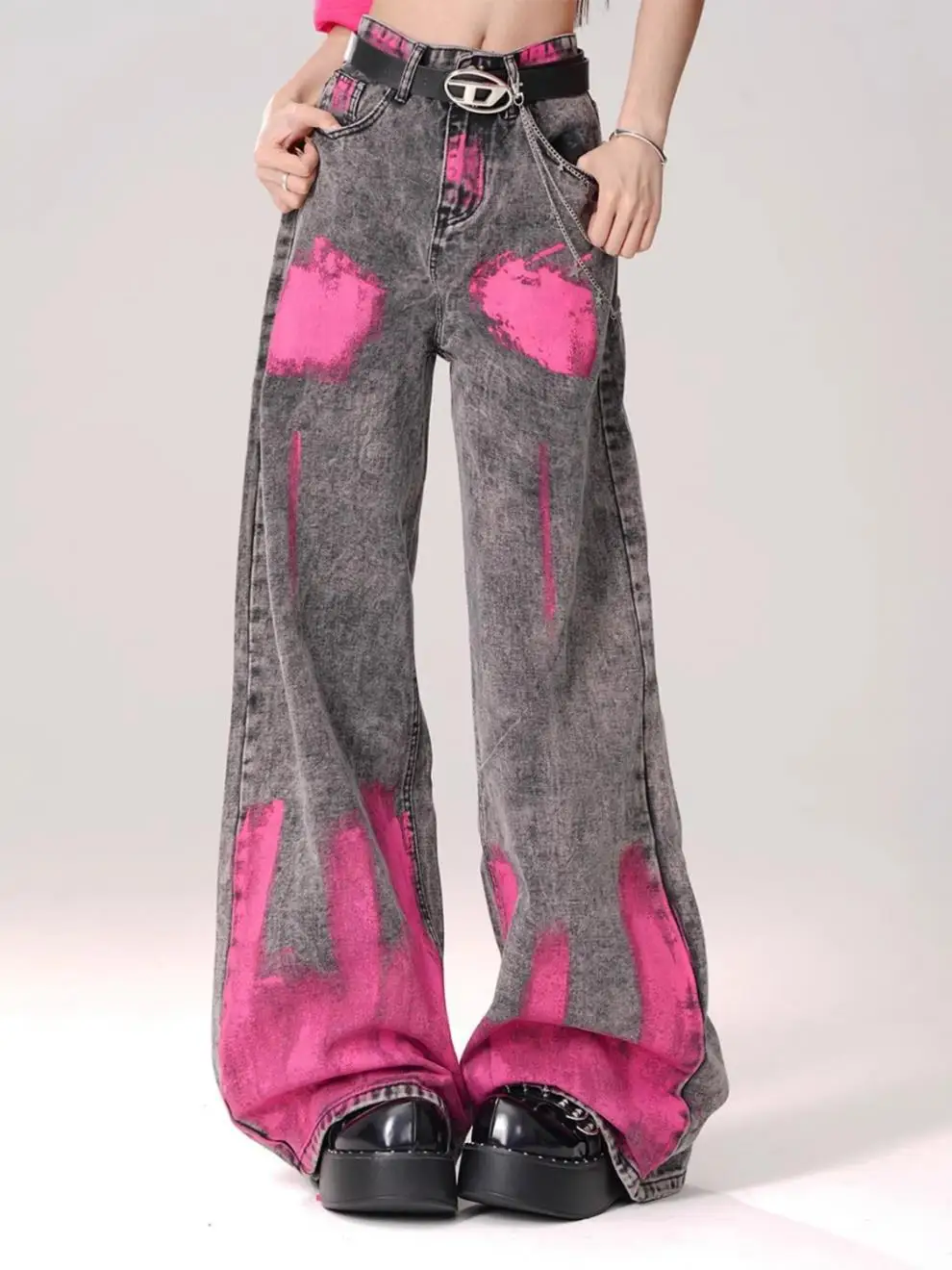 new spring autumn cotton female women girls high street Graffiti wide leg jeans