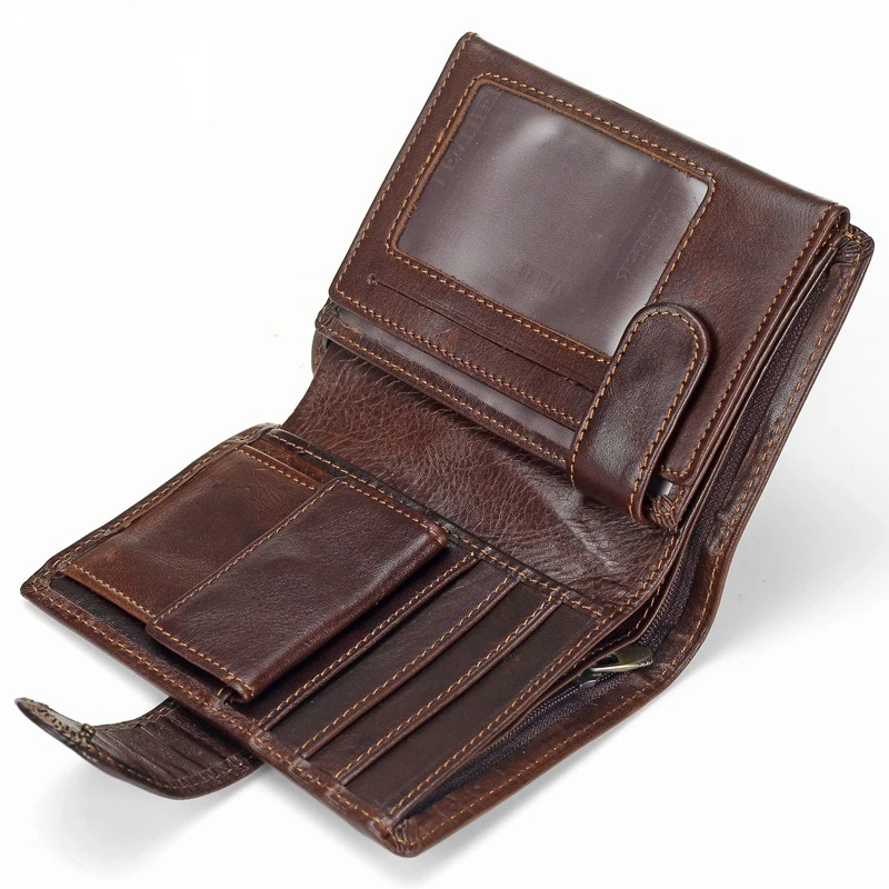Men's Short Leather Wallet Vintage Coin Clip Top Layer Cowhide Vertical Card Holder Large Capacity