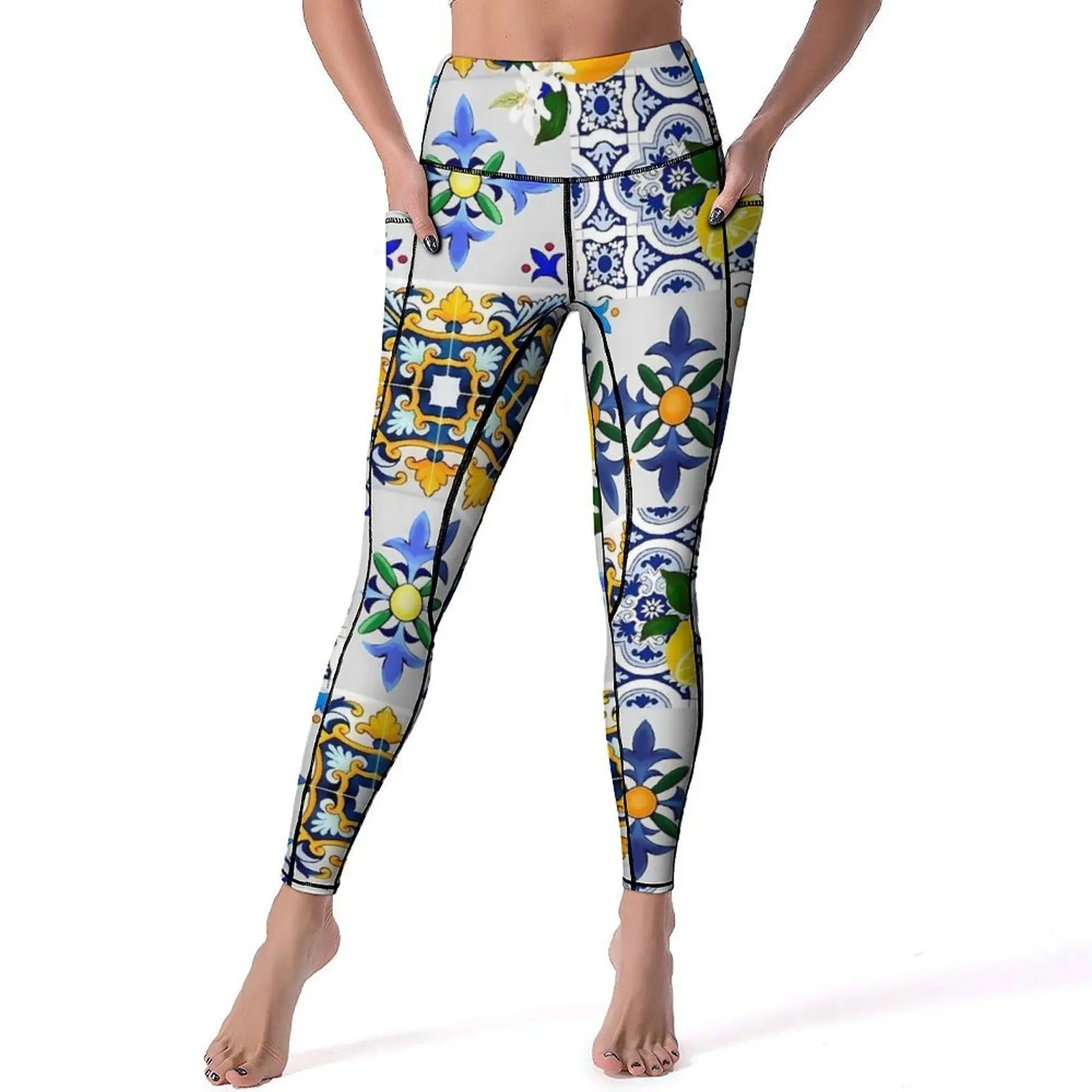 Majolica Lemon Leggings Tiles Citrus Flower Gym Yoga Pants Push Up Vintage Leggins Elastic Pattern Sports Tights Birthday Gift