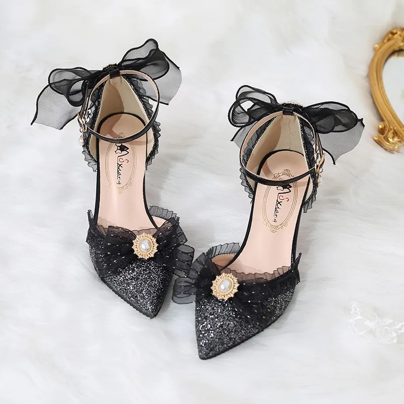 

Великолепное платье Лолиты с цветком для свадьбы, чаепития, туфли Лолиты на высоком каблуке со звездами и пряжкой, серые платья для косплея в стиле аниме, сандалии для косплея принцессы Kawaii