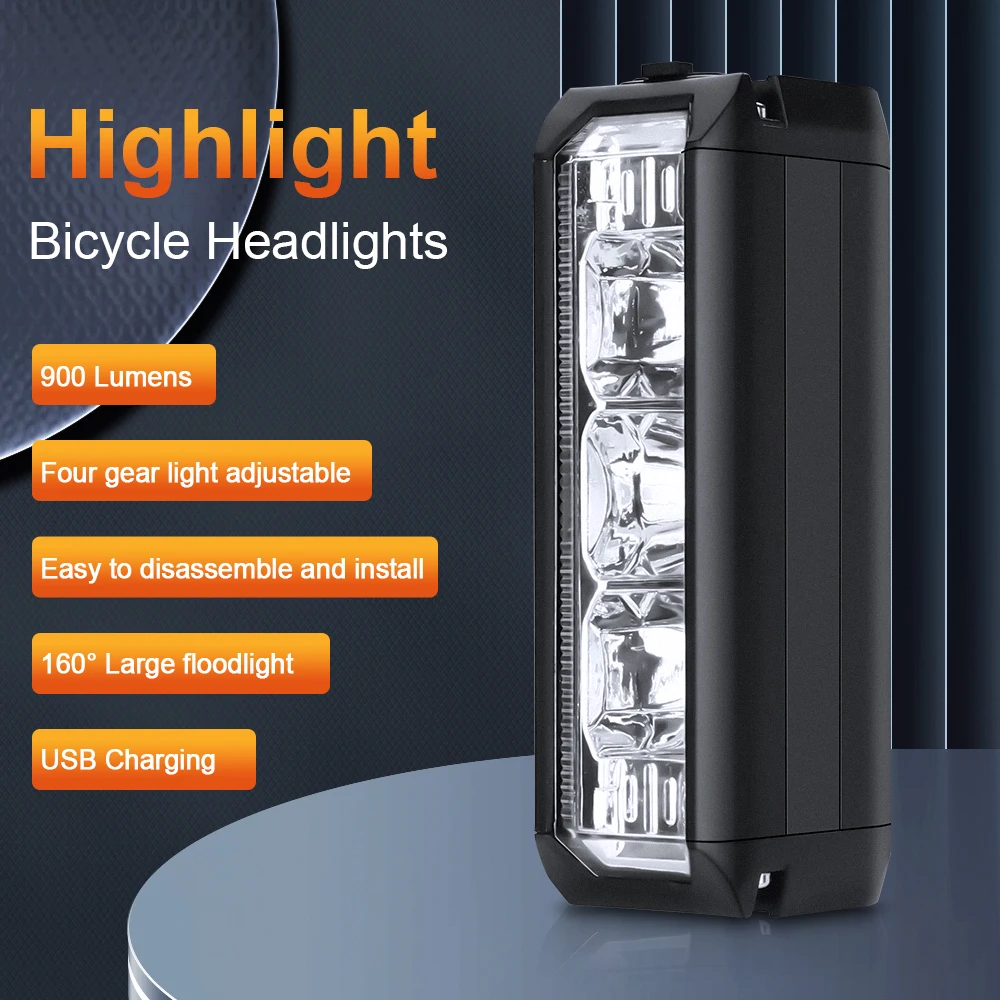 Rockbye Bicycle Headlight IPX5 Waterproof 900 Lumens Bike Front Flashlight Type-C Rechargable High Light Night Cycling Lamp