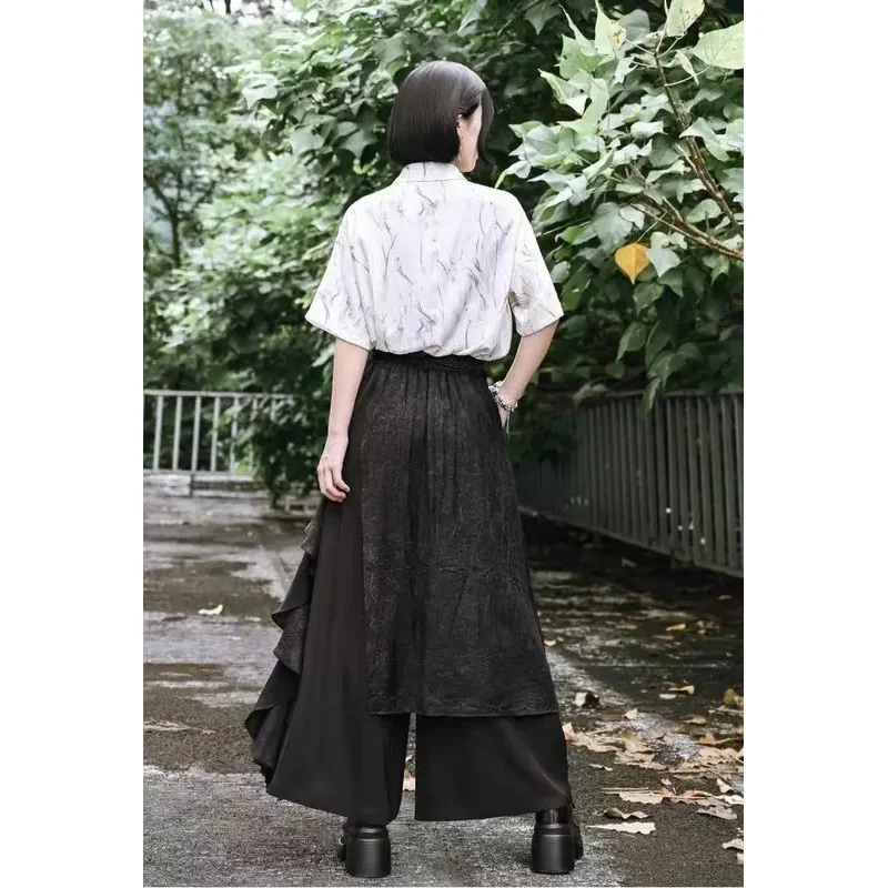 

Новые лоскутные двухслойные широкие брюки в китайском стиле, бисекс, темно-черная юбка, брюки для мужчин и женщин, винтажные нишевые модные брюки-кюлоты